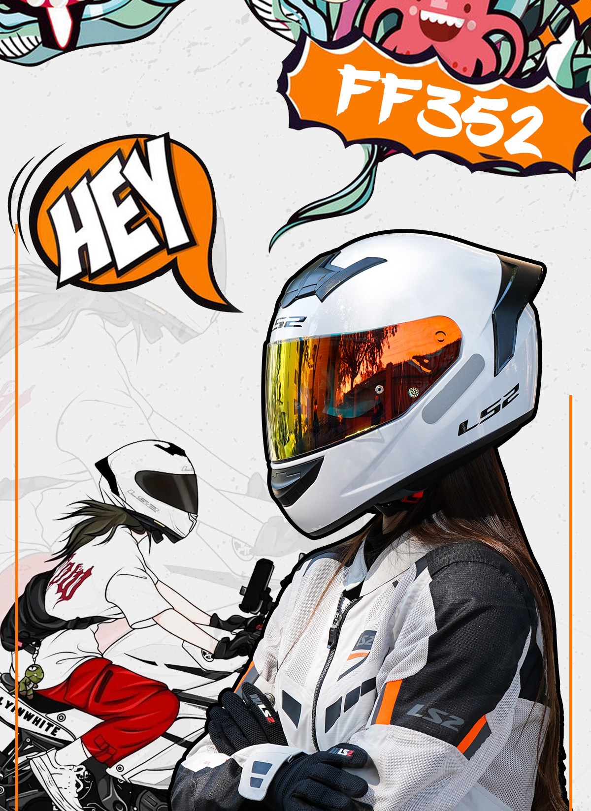 Ls2 Full-Face Helmet for Men and Women, Motorcycle Rider Couple Helmet, Four-Season Anti-Fog, Large Rear Wing, Universal Ff352