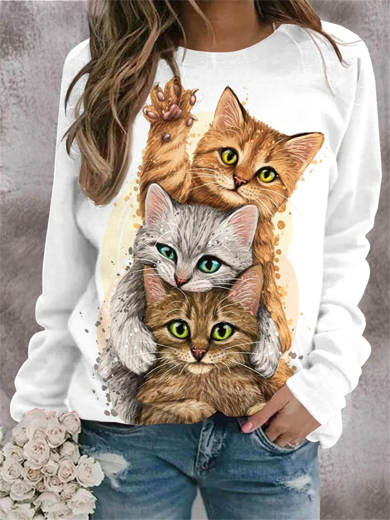 Mujeres Sudadera Manga Larga Camisetas Impresión Moda Gato display picture 14