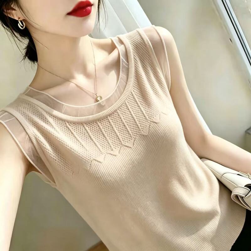 French-Style Elegant Plus-Size Knitted Camisole for Women, Summer Inner Wear with Ruffled Edges, Sleeveless Top with Hollow Lace Design French-Style Elegant Plus-Size Knitted Camisole for Women, Summer Inner Wear with Ruffled Edges, Sleeveless Top with Hollow Lace Design