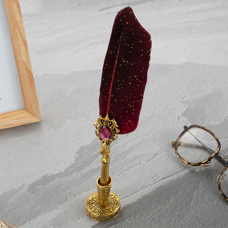 歐式復古灑金羽毛蘸水鋼筆帶底座火漆印章雕花筆桿豪華套裝生日禮