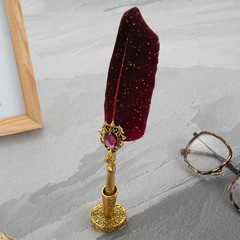 歐式復古灑金羽毛蘸水鋼筆帶底座火漆印章雕花筆桿豪華套裝生日禮