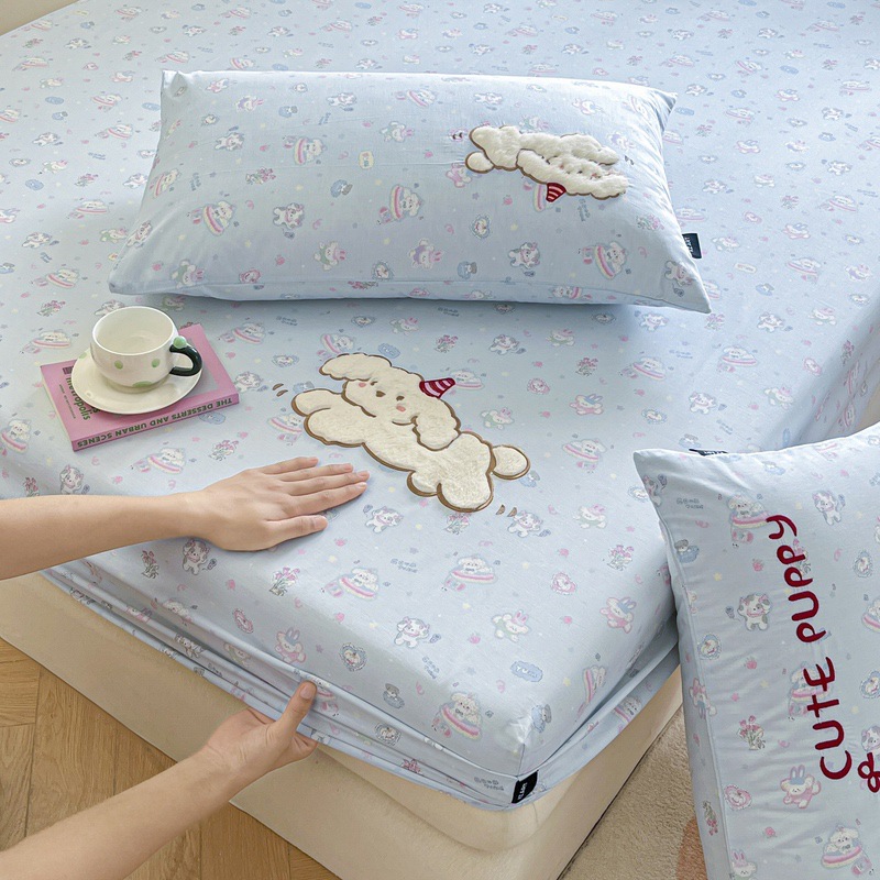 Autumn and Winter Ins-Style Fresh Printed Cotton Fitted Sheet Embroidered Three-Piece Set, Moisture-Wicking, Breathable, Not Easy to Fade, Shipped from Nantong