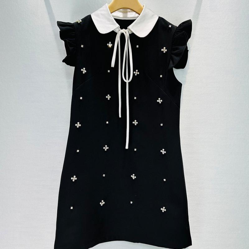 Miu socialite daughter gold heavy-industry vest skirt hand-stitched diamond lapel sleeveless design thin dress women's summer