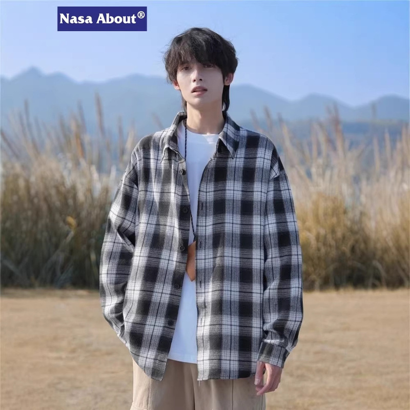Nasa Long-Sleeved Plaid Shirt for Men Spring and Autumn 2026 New Style Shirt Medium and Large Size Fitted Plaid Shirt for Men