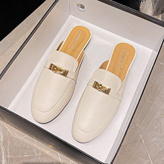 【Su Yinyin's Same Style】 Must Buy for Detailers_Classic Lock Buckle Genuine Leather Toe Half Slide Women's Mules Outdoor Slippers 