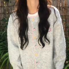学院风针织开衫女秋冬季新款趣味纽扣慵懒风软糯毛衣外套宽松上衣