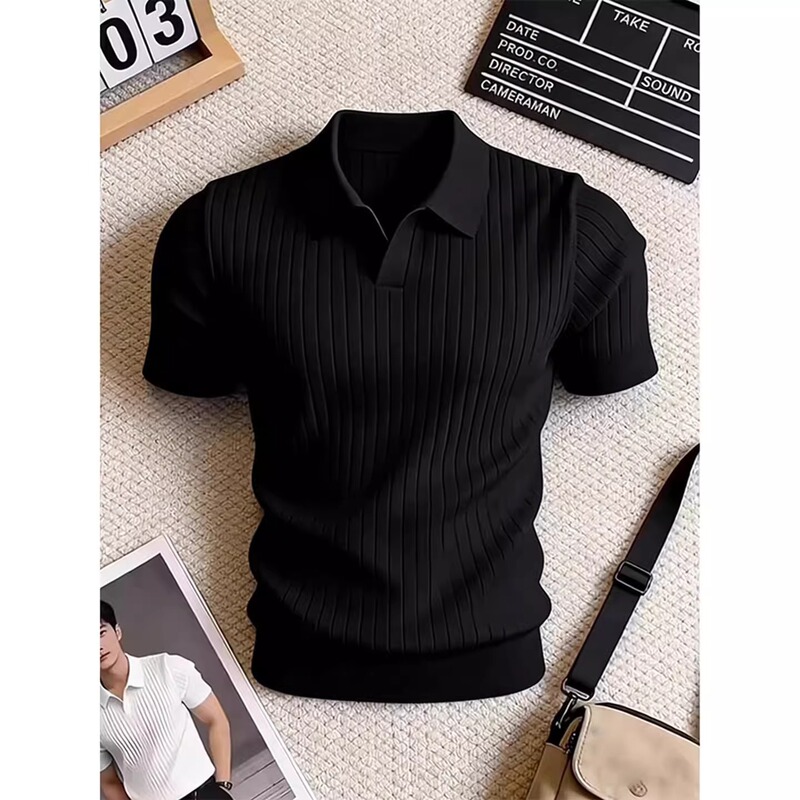 Black Ice Silk Knitted Short-Sleeved Polo Shirt for Men, Summer Elastic Slim-Fit Sports Fitness T-Shirt, American-Style Waist-Cinching Half-Sleeve
