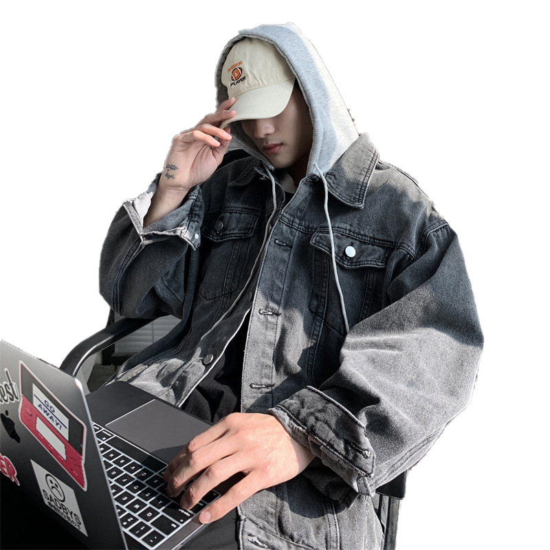 Falso abrigo de mezclilla con capucha de dos piezas para hombre primavera y otoño American High Street Pu Shuai calle frita suelta chaqueta juvenil de alto grado