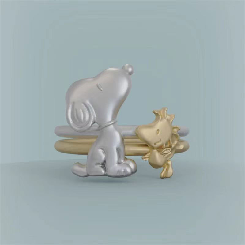 Cute Snoopy and Confused Bird Pair Ring Cartoon Animation Cute Childlike Joker Ring Birthday Gift