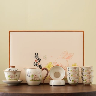 新款轻奢汝窑功夫茶具套装陶瓷家用办公室会客盖碗茶杯高档礼盒装