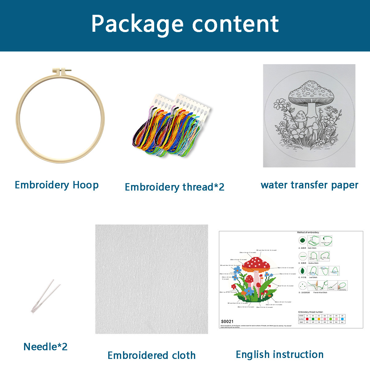 hongos de la mañana (1 hoja de papel soluble en agua + tela de bordado blanco + cantidad suficiente de hilo de bordado + 20 cm de hongos de bordado + dos agujas)