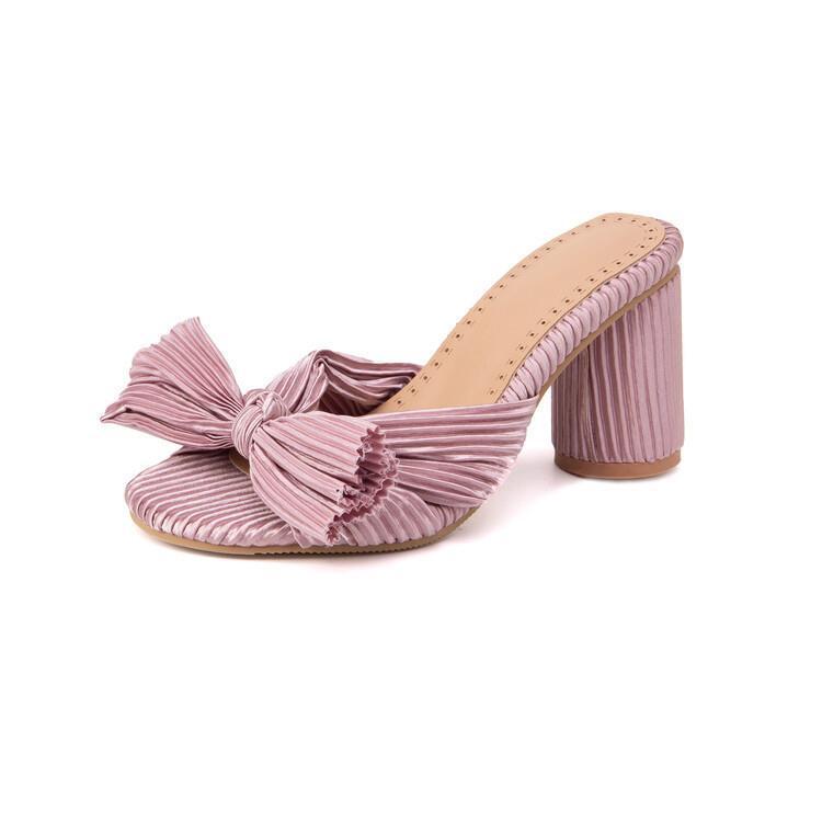2023 Foreign Trade New European and American Style Satin Lantern Pleated Bow Outer Wear Sandals Thick Heel High Heel Ladies Sandals