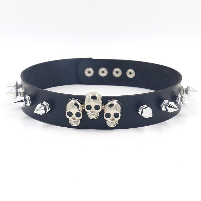 27g Weight Punk Skull Pu Leather Alloy Choker Wholesale