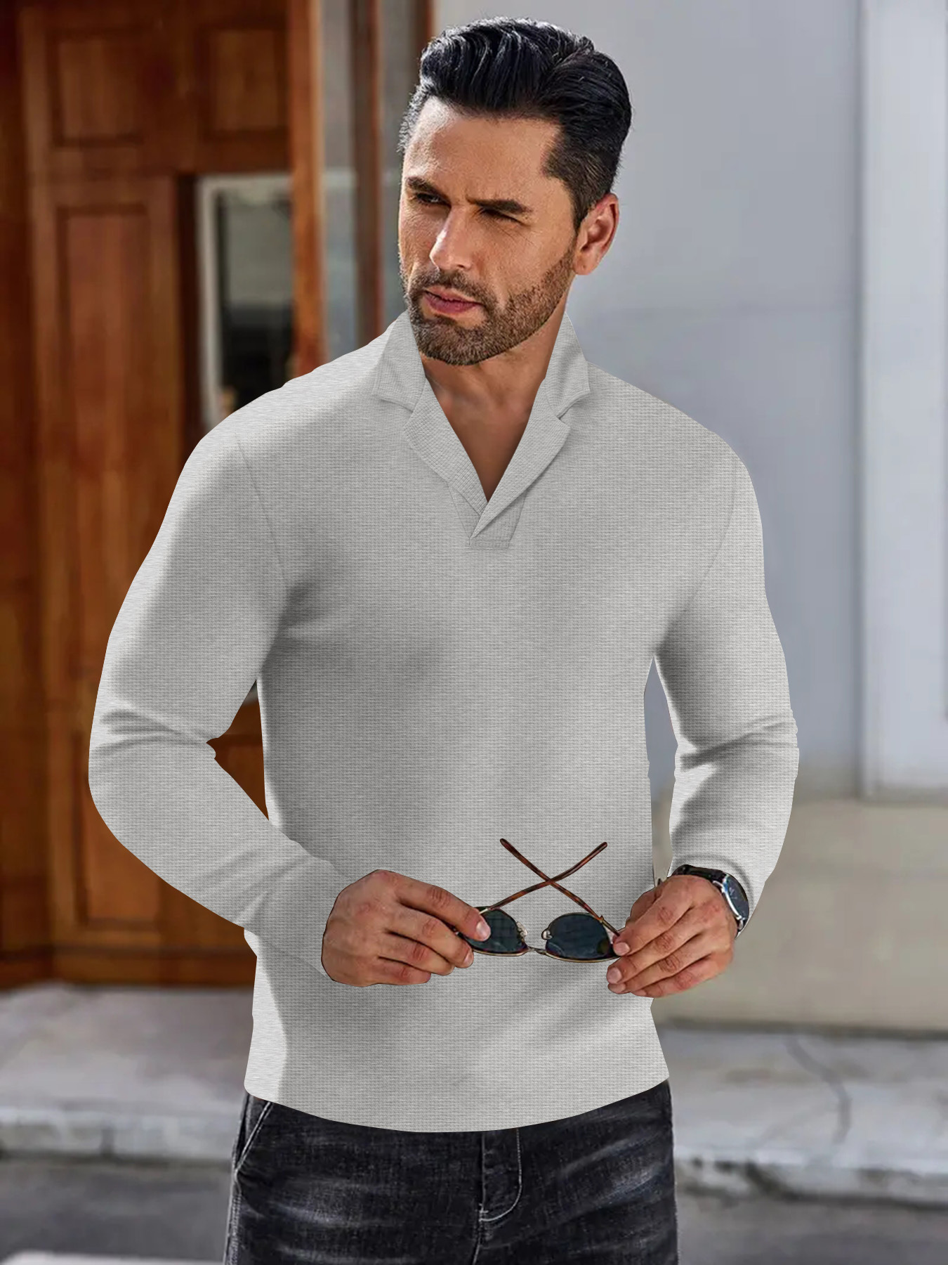 Polo a manica lunga da uomo in maglia a nido d'ape business_voghion.com