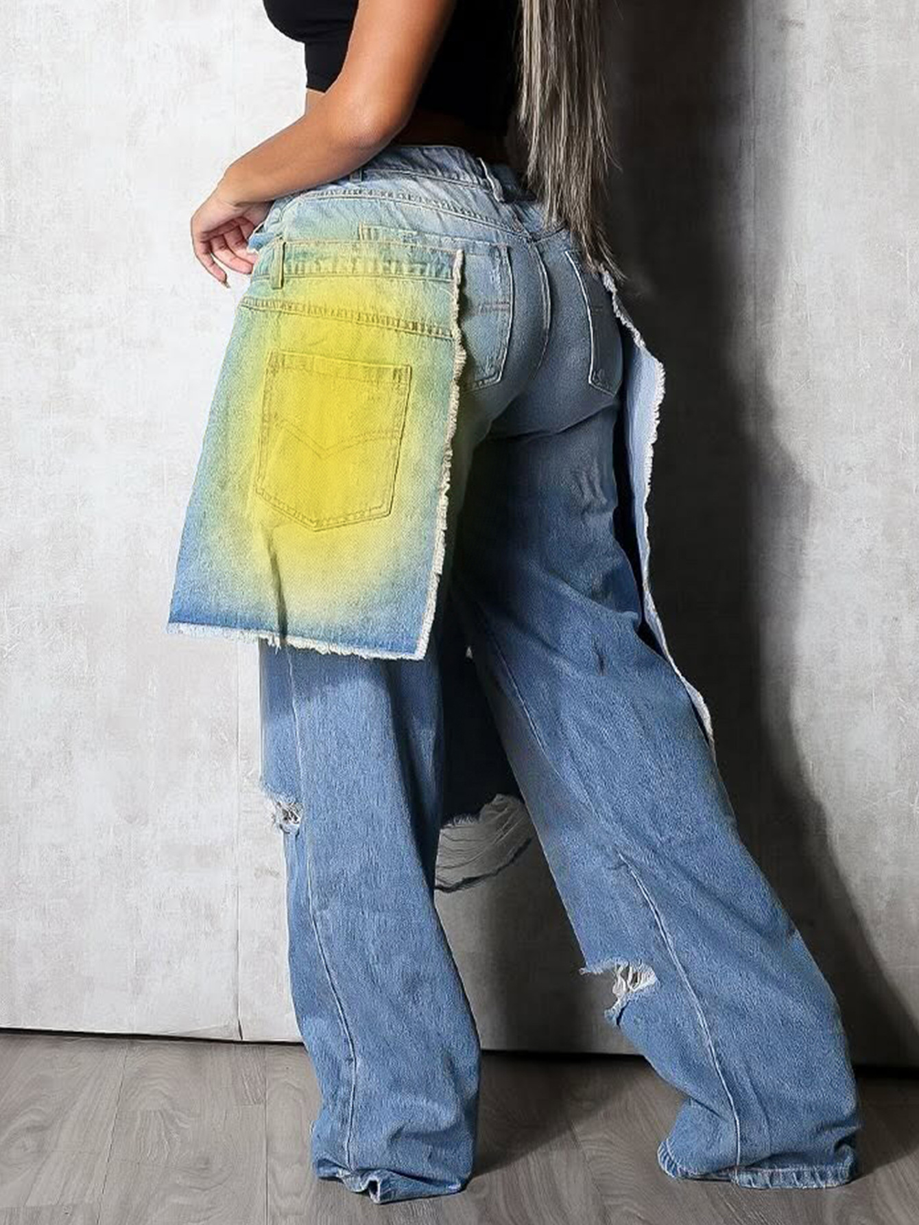 YL2568 Autumn/Winter European And American Women's Fashion Washed Ripped Spray-Dyed Loose Stretch Denim Patchwork_ecoleips.com