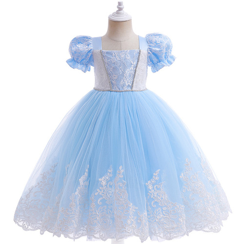 Women's Children's Cinderella Princess Dress, Lace Splicing Formal Gown, Belted Puffed Dress, Net Fabric Children's Dress