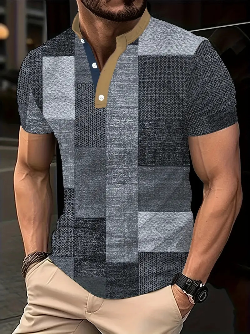 Nuevo estilo transfronterizo de verano 3d geométrico cubo estampado cuello alto botón de manga corta polo playa casual ME13