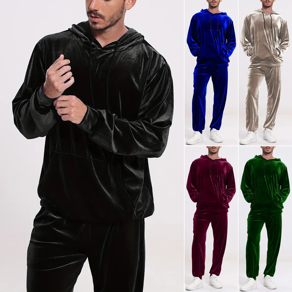 Amazon European and American Cross-Border Men's Solid Color Velvet Casual Suit Long-Sleeved Hooded Sweatshirt and Leggings Two-Piece Set