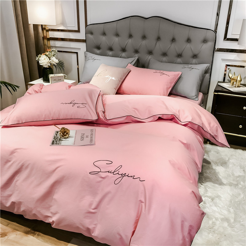 Pure Cotton Solid Color Embroidered Bedding Set Four Piece_voghion.com