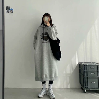 胖mm秋冬字母连帽卫衣裙女加绒宽慵懒中长款连衣裙