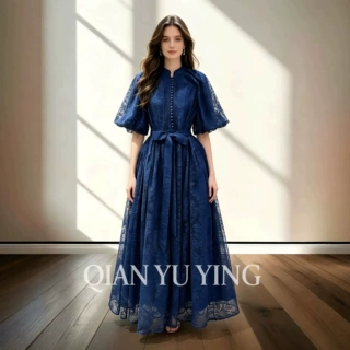 度假风连衣裙女新款气质蕾丝系带单排扣泡泡袖时尚款长裙法式甜美