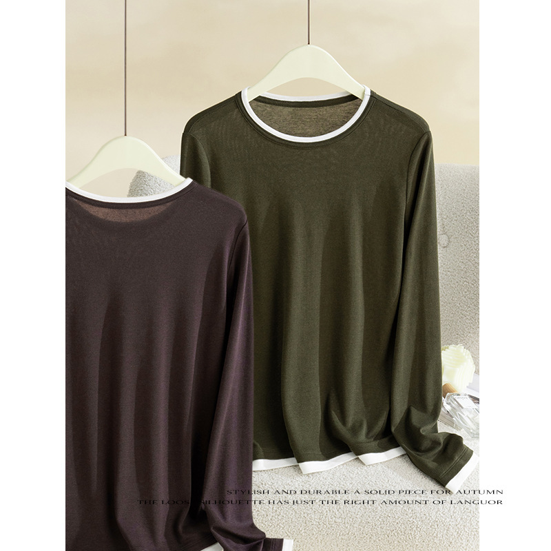 2025 Puyuan Autumn and Winter New Product Contrasting Color Round Neck Tencel Wool Lyocell Knitwear Top High-End Fashion Surface