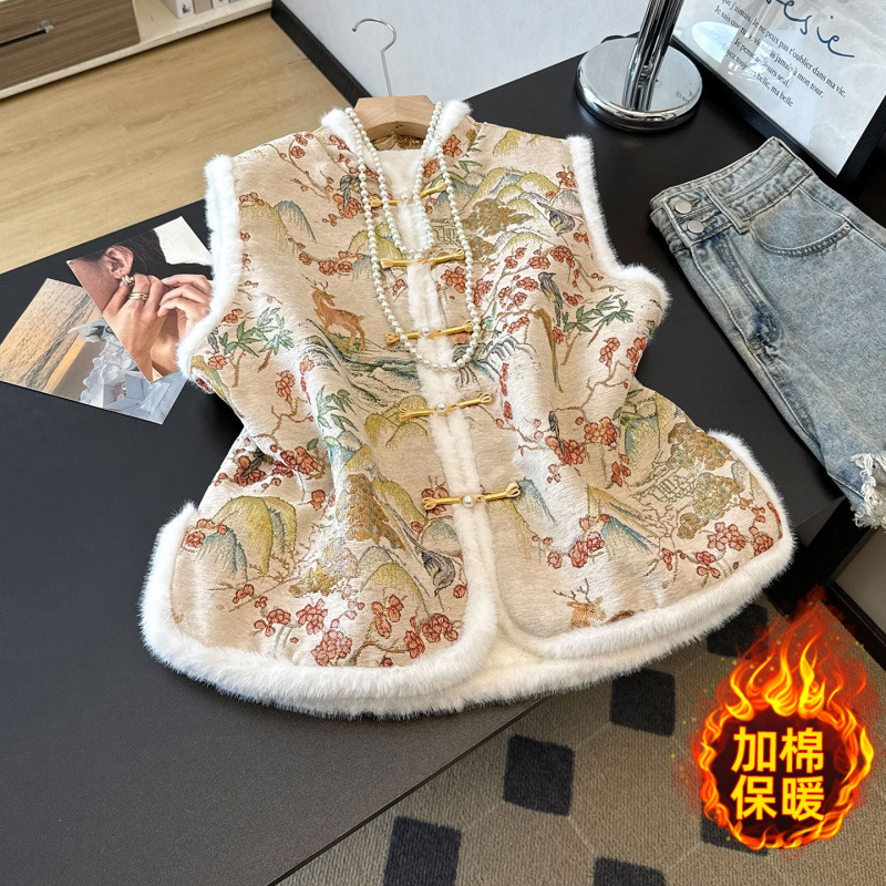 实拍新中式汉服气质毛边立领加棉重工提花刺绣盘扣改良民族风马甲