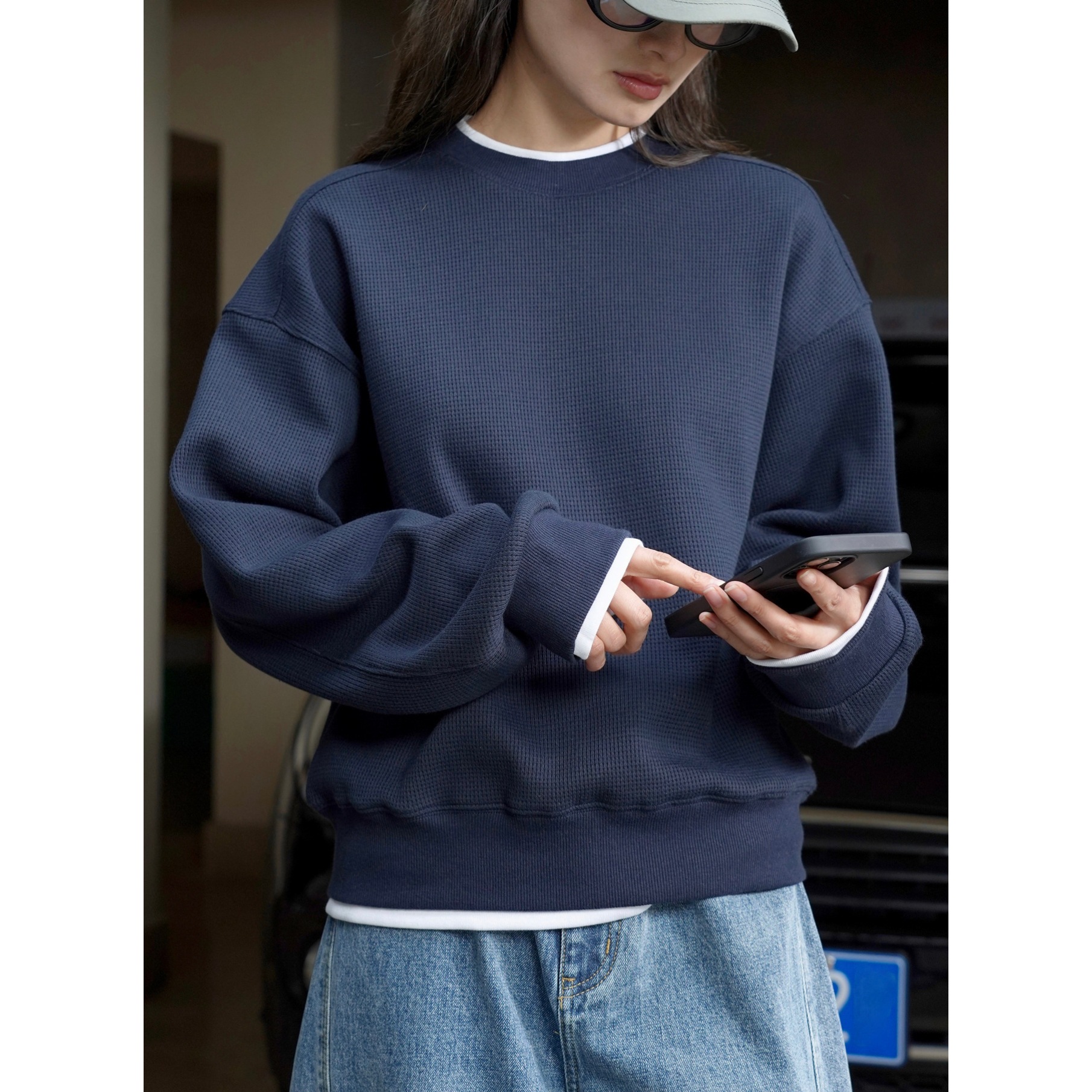 ルーヴル春の新型韓国版の流行の偽の2つの郭の形の衛衣のゆったりしているワッフルのカジュアルな上着の女性