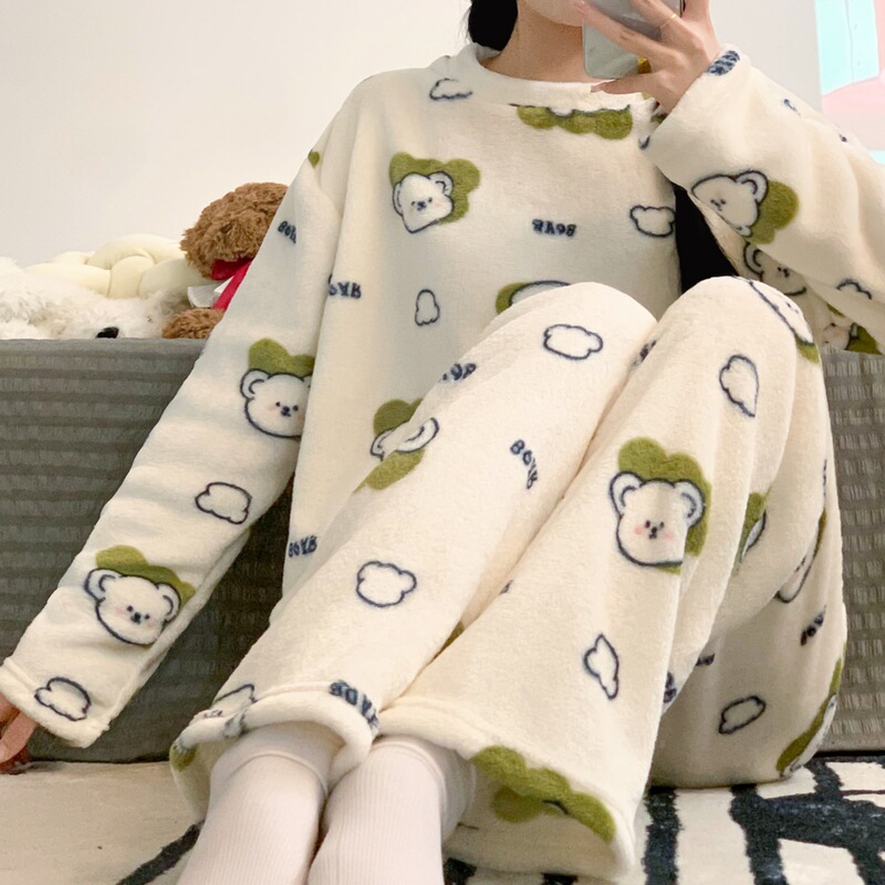 Ins Style Fleece-Lined Thickeneded Coral Velvet Winter Pajamas for Women in Autumn and Winter Cute Student Home Clothes Set That Can Be Worn Outside