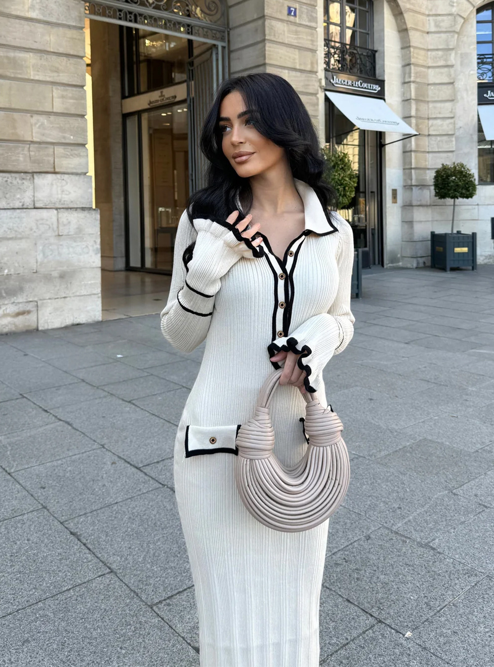 560g Weight Maxi Long Dress Dress Length Type Long Sleeve Sleeve Length Sheath Dress Dresses Type Bell Sleeve Sleeve Type knit Fabric Type Mid Waist Waist Line Holiday Occasion Turndown Neckline Slim Fit Type Color Block Pattern Winter, Spring, Autumn Season Women's Gender Elegant, Streetwear Style Wholesale Women's Elegant Streetwear Color Block Holiday Turndown Long Sleeve Sheath Dress 2