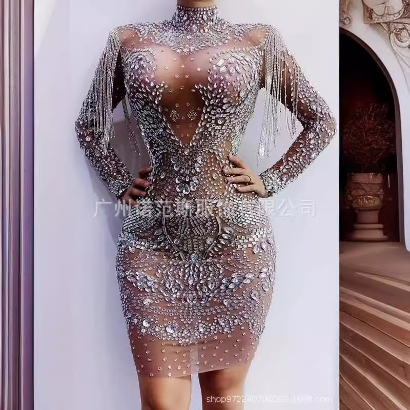 Cantante femenina MC modelo Dj adelgazar malla rhinestone borla falda de la cadera vestido ropa del funcionamiento etapa para las mujeres