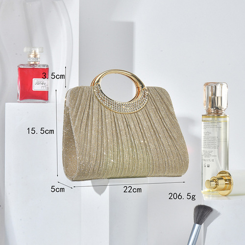 Foreign trade new style pleated handbag, fashionable flash dinner bag, temperament crescent bag, all-matching banquet handbag