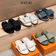 GAUAI~スリッパ レディース ベルクロ 厚底スリッパ ネットセレブ 夏 エンボス加工 平底 本革 カップルサンダル ビーチ