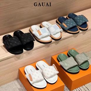 Gauai~Women's Velcro Thick-Soled Slide Sandals, Internet Celebrity Summer Embossed Flat Genuine Leather Couple Beach Sandals
