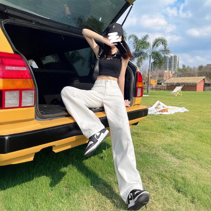 白色高腰窄版阔腿牛仔裤女春秋2025新款显瘦直筒垂感拖地长裤子|undefined