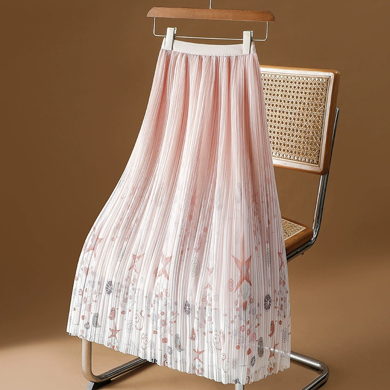 Высококачественная сетчатая юбка с принтом для женщин, новая цветочная юбка из тюля весна-лето 2025, плиссированная юбка средней длины, длинная юбка А-силуэта