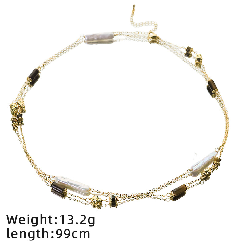 Natural perla larga piedra de ojo de tigre collar de suéter de cobre nicho collar de alta calidad estilo collar de collar