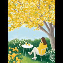 秋天金黄桂花DIY数字油画树下小息风景治愈丙烯客厅装饰画批发