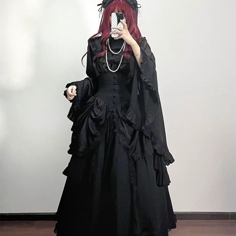 黒と白のゴシックスタイルの夢遊病ロリータフィッシュボーンスカートと袖スーツダークスタイルの超クールなロリータ女性トレンド|undefined