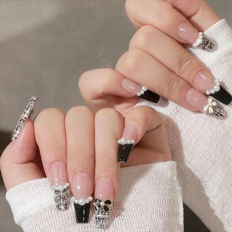 Nail art wear nail finished long pearl alloy nail stickers black small fragrant wind fake nail stickers wholesale