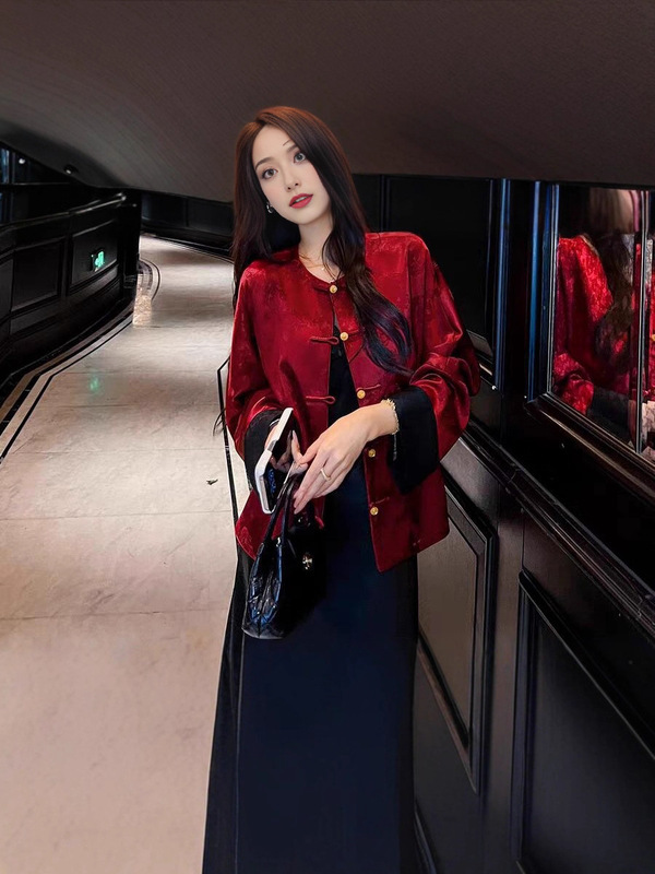 喜庆气质唐装上衣红新中式国风醋酸缎面龙腾图案提花宽松改良外套|undefined