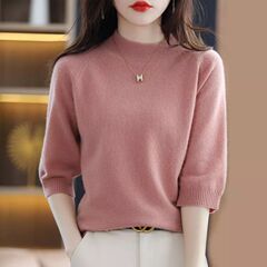 春秋毛衣女新款半高领韩版宽松套头七分袖百内搭针织打底衫女上衣