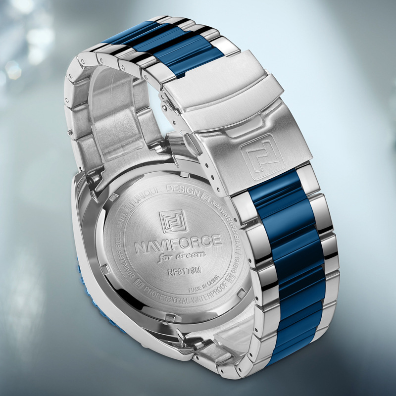 NAVIFORCE Lingxiang 9179 hombres reloj deportivo multifuncional de seis pines correa de acero impermeable reloj luminoso reloj