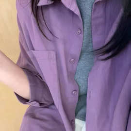 紫色纯棉长袖衬衫女春秋设计感百搭内搭外穿宽松上衣衬衣外套外贸