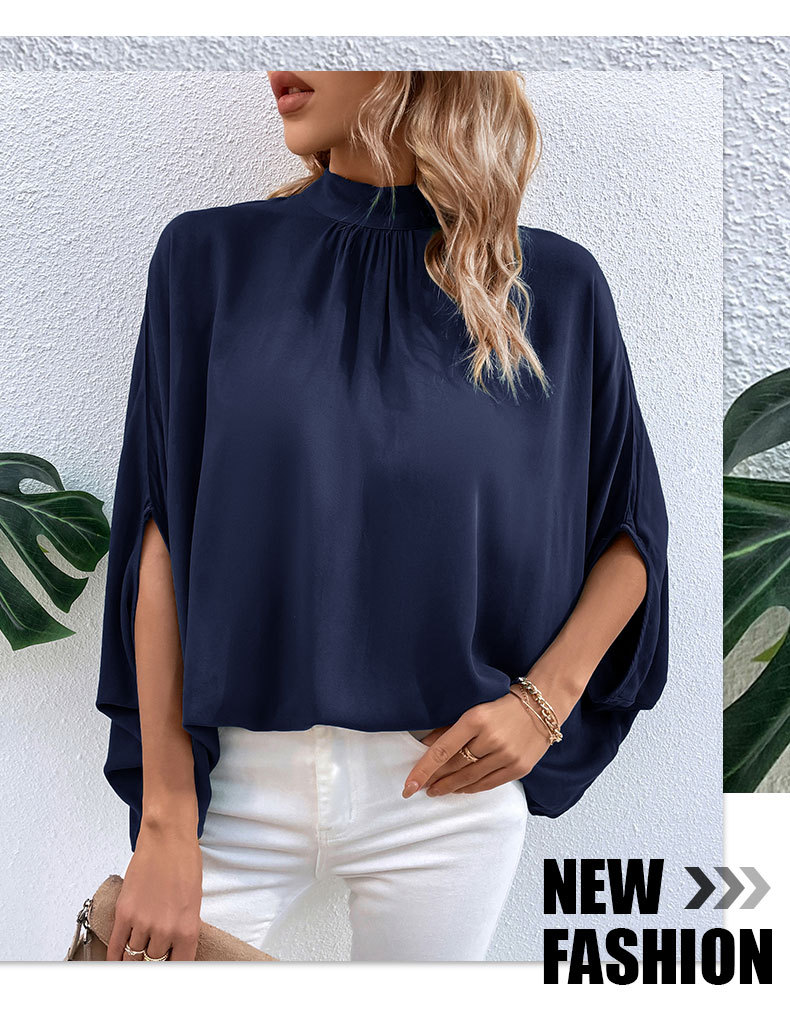 Camicia allacciata irregolare con collo a mezza tartaruga elegante tinta unita_voghion.com