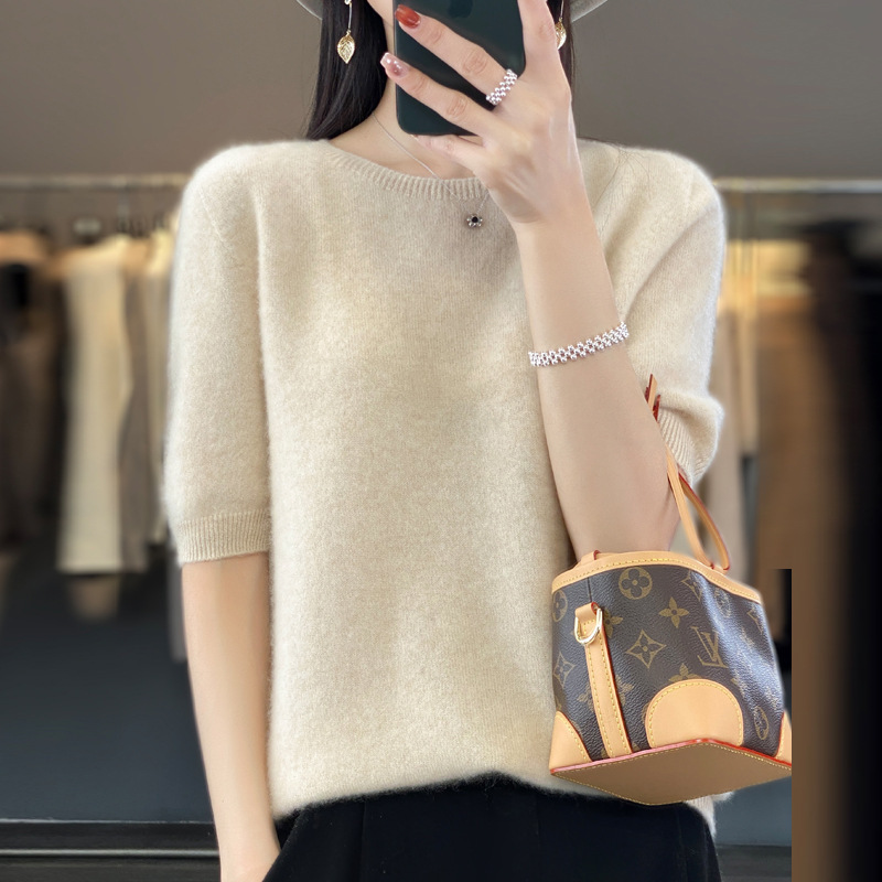First-Line Ready-To-Wear 100% Pure Wool 2025 Autum New Women's Round Neck Pullover Five-Quarter Sleeve Short Knitwear