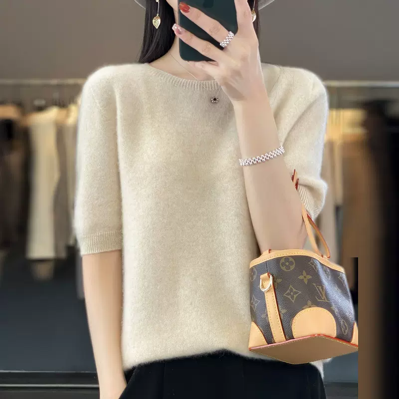 一线成衣100%纯羊毛2025秋季新款女圆领套头五分袖短款针织衫毛衣