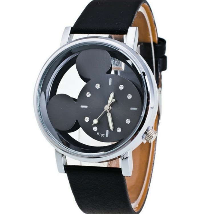 En stock moda simple de doble cara hueca Mickey reloj de cuarzo estudiante lindo cinturón Mickey Mouse reloj para niños