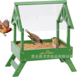 跨境木质鸟类喂食器家用母鸡喂食器户外喂鸟器带防雨棚实木喂食器