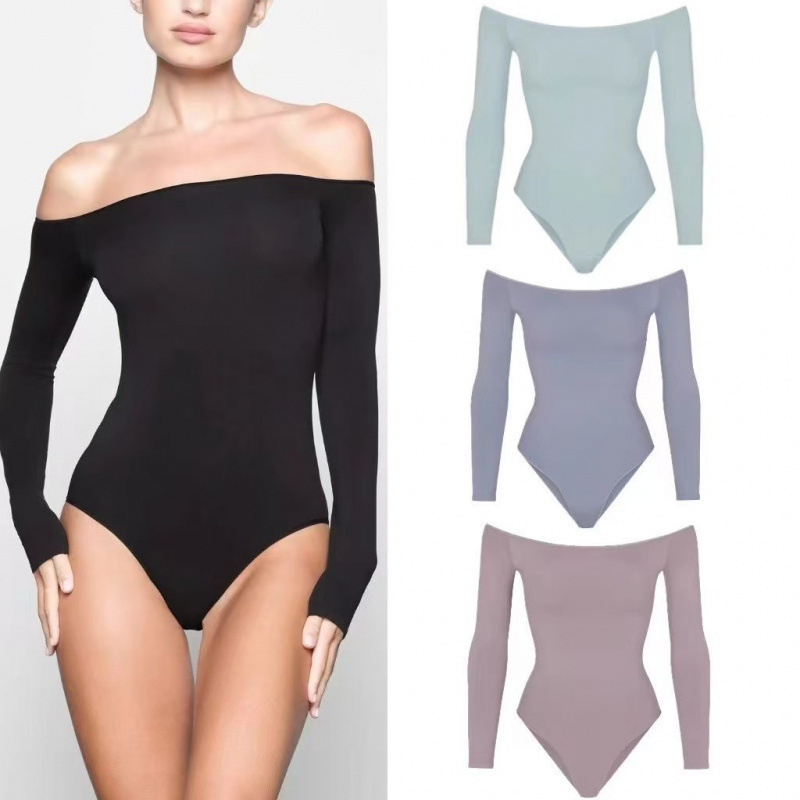 Skims Kardashian Light Essential Off-Shoulder Long-Sleeve T-Shirt Bodysuit Bodycon Jumpsuit